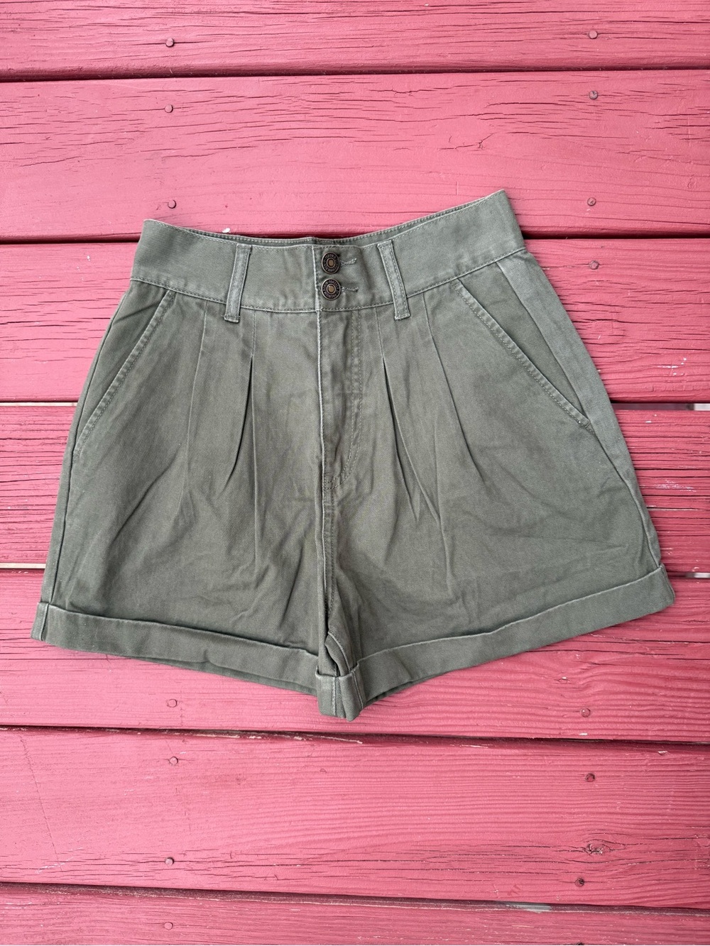 Forever 21 High-Rise Olive Green Pleated Shorts